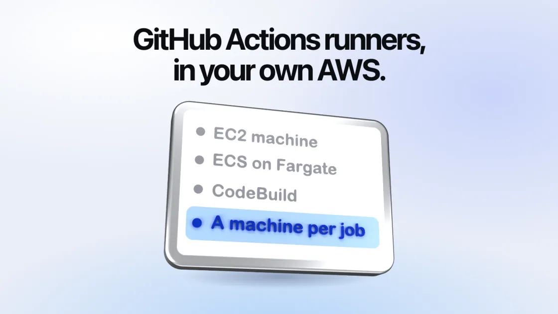 GitHub Actions runners, in your own AWS. A card on a metal slab listing an EC2 machine, ECS on Fargate, CodeBuild and a machine per job, the last marked in blue.